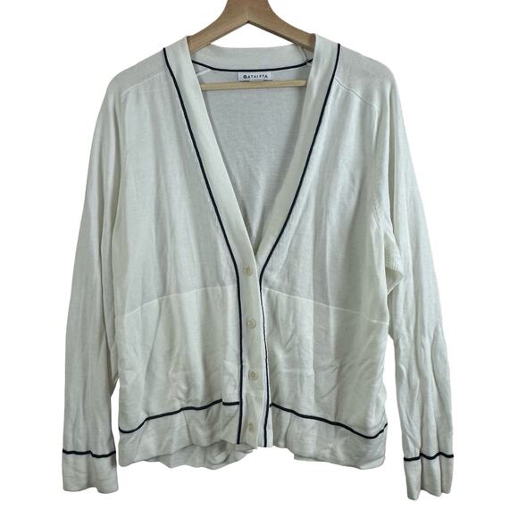 Athleta Lightweight Collegiate White Blue Stripe Boyfriend Cardigan Sweater XL - Picture 9 of 9